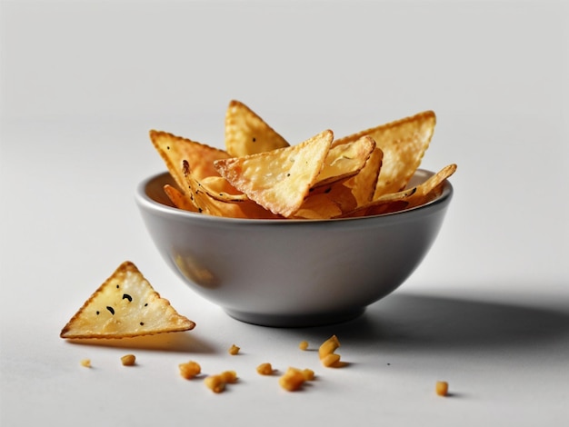 Chips de pommes de terre triangulaires dans un bol avec de la sauce isolée sur fond blanc