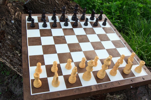 Échiquier avec des pièces d'échecs sur un vieux tronc d'arbre avec de l'herbe verte en arrière-plan. Mise au point sélective sur les pièces blanches. Vue de dessus. Jeu d'échecs en plein air.