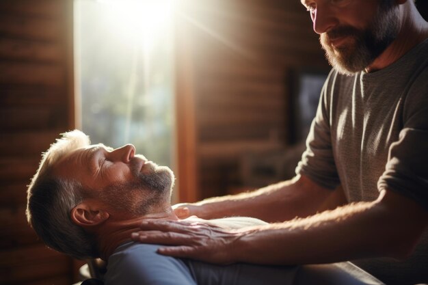 Photo chiropraticien faisant un massage ostéopathique sur un patient âgé pour la récupération des muscles de la main