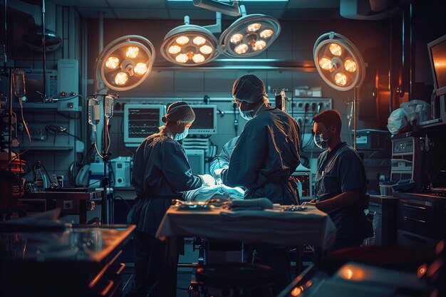 Photo chirurgien effectuant une chirurgie laparoscopique avec une équipe médicale assistant dans une salle d'opération stérile