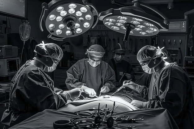 Photo chirurgien effectuant une chirurgie laparoscopique avec une équipe médicale assistant dans une salle d'opération stérile