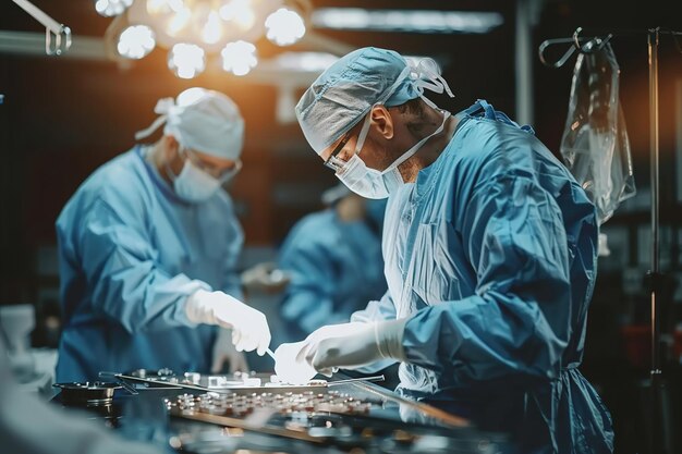 Photo chirurgien effectuant une chirurgie laparoscopique avec une équipe médicale assistant dans une salle d'opération stérile