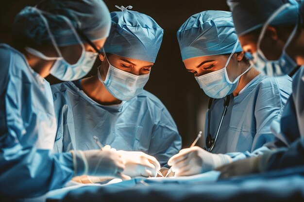 Photo chirurgien effectuant une chirurgie laparoscopique avec une équipe médicale assistant dans une salle d'opération stérile