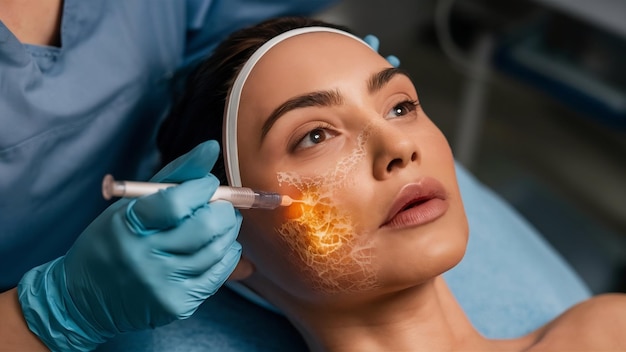 Photo un chirurgien esthétique effectue une procédure de rajeunissement de la peau du visage en utilisant une technologie innovante dans