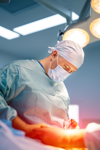 Chirurgien masculin portant une casquette et un masque de protection debout et préparant l'opération Medic pendant l'opération Concept de médecine
