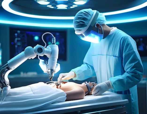 Photo un chirurgien robotique effectuant une chirurgie délicate et précise dans une salle d'opération futuriste