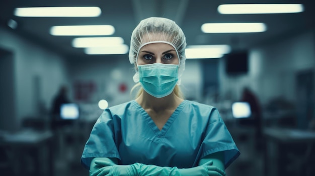 Chirurgienne en masque debout dans la salle d'opération avec les mains croisées prêtes à travailler sur le patient