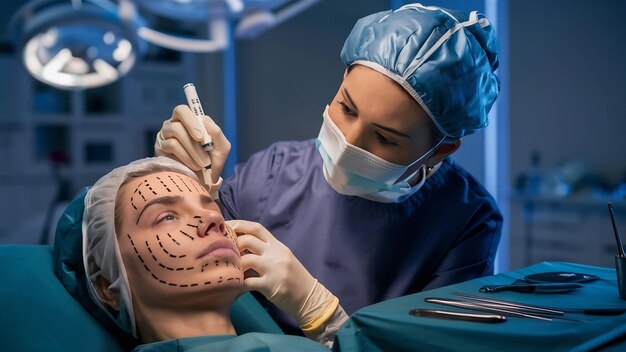 Une chirurgienne plastique dessine des lignes pointillées sur le visage de ses patients.