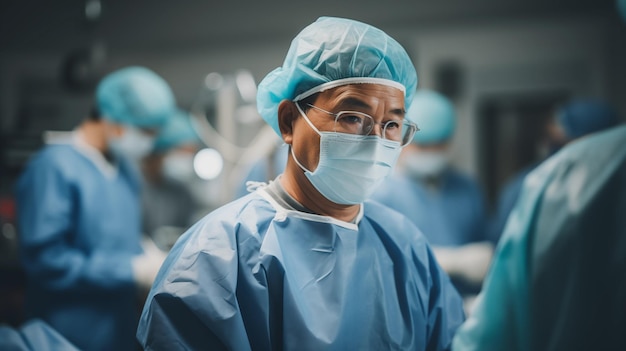 Des chirurgiens asiatiques au travail dans la salle d'opération.