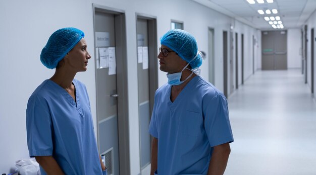 Photo des chirurgiens qui se parlent dans le couloir de l'hôpital.