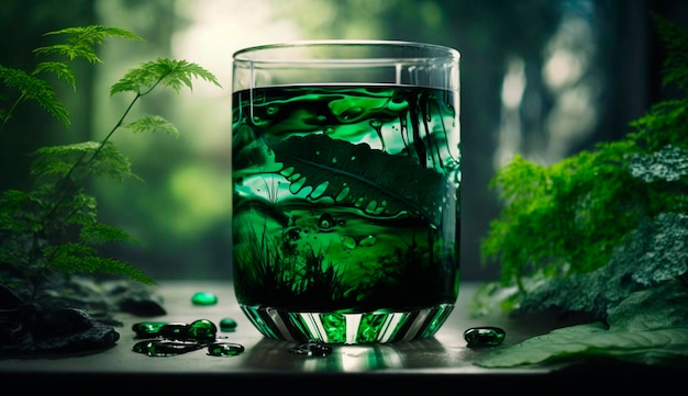 Chlorophylle liquide dans un verre d'eau sur fond de plantes AI générative