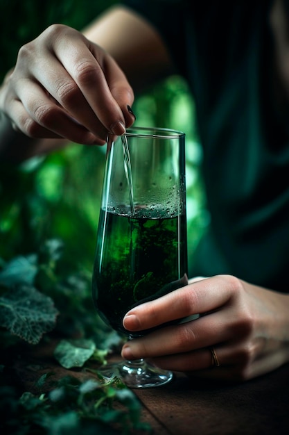 Chlorophylle liquide dans un verre d'eau sur fond de plantes AI générative