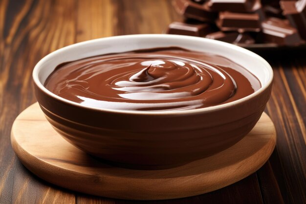 Chocolat au lait sucré fondu dans un bol sur une table en bois