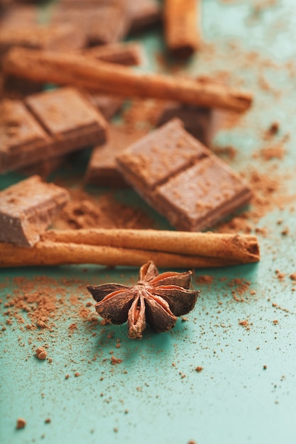 Chocolat cassé en tranches avec du cacao en poudre et des épices sur une surface verte