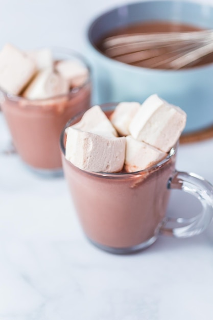 Chocolat chaud américain garni d'une grande guimauve dans une tasse en verre.