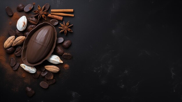 Chocolat chaud et coupe de gousses de cacao exposant les fèves de cacao