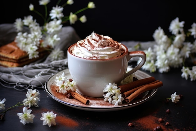 Chocolat chaud avec de la crème fouettée et de la cannelle