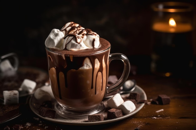 Chocolat chaud avec crème fouettée et guimauves généré par l'IA