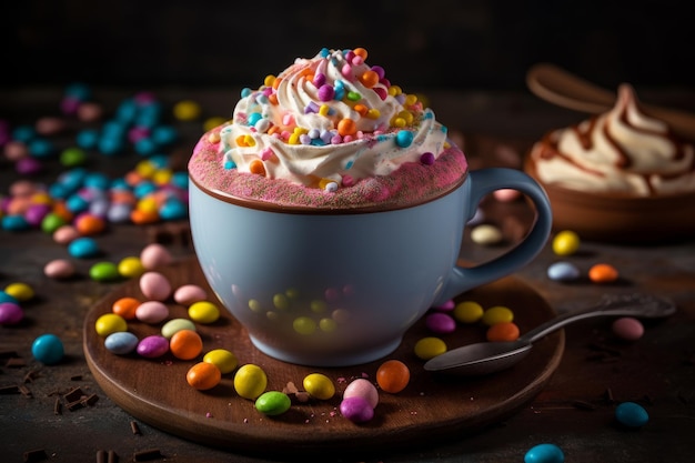 Chocolat chaud avec crème fouettée et pépites colorées générée par l'IA