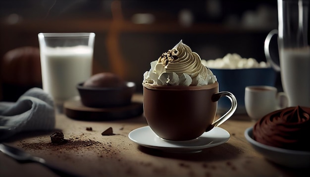 Chocolat chaud avec crème fouettée et poudre de cacao sur fond sombre ai générative