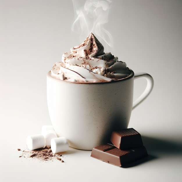 Chocolat chaud dans une tasse avec de la crème et du marshmallow