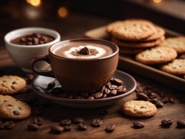 chocolat chaud dans une tasse de grains de café et des biscuits fraîchement cuits sur une table en bois pour le petit déjeuner