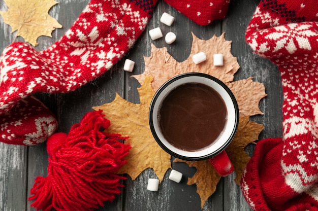 Chocolat Chaud Dans Une Tasse Rouge. Décoré De Feuilles D'érable Jaunes, Guimauves.