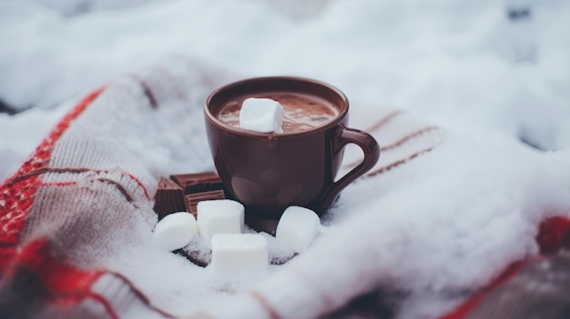 Chocolat chaud sur fond de neige Illustration AI GenerativexA