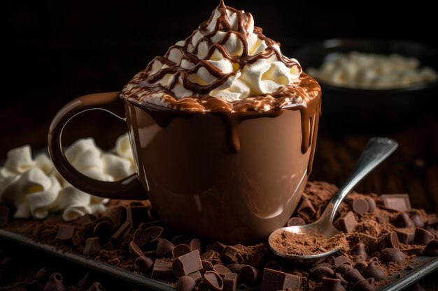 Chocolat chaud avec guimauves à la crème fouettée et copeaux de chocolat générés par l'IA