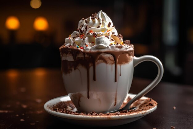 Chocolat chaud avec guimauves à la crème fouettée et copeaux de chocolat générés par l'IA