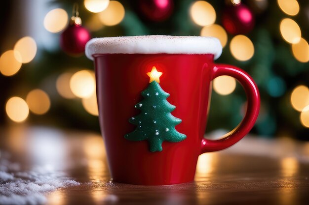 Photo chocolat chaud avec des guimauves dans une tasse sur fond de noël