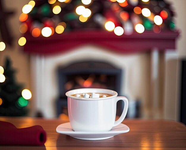 chocolat chaud avec des guimauves dans une tasse sur une table en bois