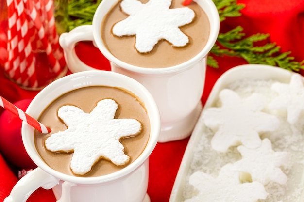 Chocolat chaud maison garni de guimauves blanches en forme de flocon de neige.