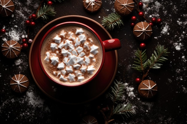 Chocolat chaud de Noël avec des marshmallows dans une tasse rouge avec un xmas sur le fond