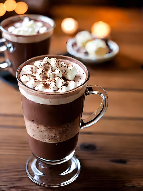 Chocolat chaud réaliste dans un restaurant confortable avec un éclairage chaud, des couleurs neutres et une atmosphère invitante très détaillée capturée dans un plan moyen sans personnes.