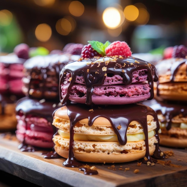 Chocolat dégoulinant sur des pâtisseries aux couleurs vives