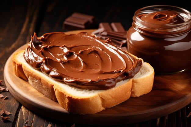 Photo chocolat étalé sur la table délicieux toasts de petit déjeuner