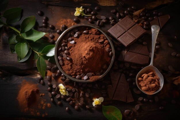 Chocolat et fèves de chocolat en poudre de cacao sur une table en bois Créé avec la technologie IA générative