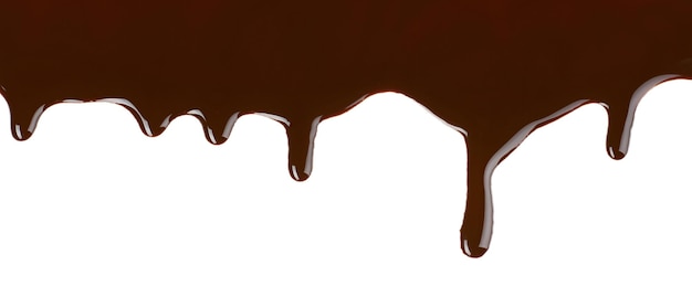 Le chocolat fondu coule sur un fond blanc.