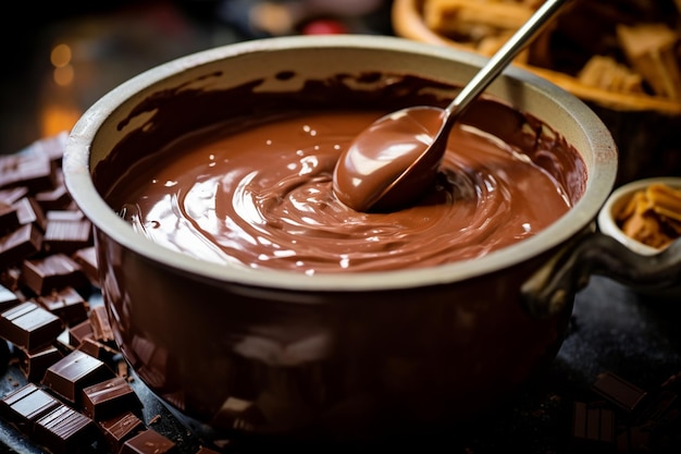 Chocolat fondu dans une casserole avec des morceaux de chocolat autour