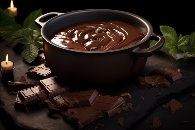 Chocolat fondu dans une casserole avec des morceaux de chocolat autour