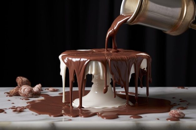 Chocolat fondu versé sur une dalle de marbre créée avec l'AI générative