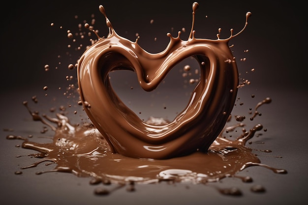 Un chocolat en forme de coeur est versé dans un fond sombre.