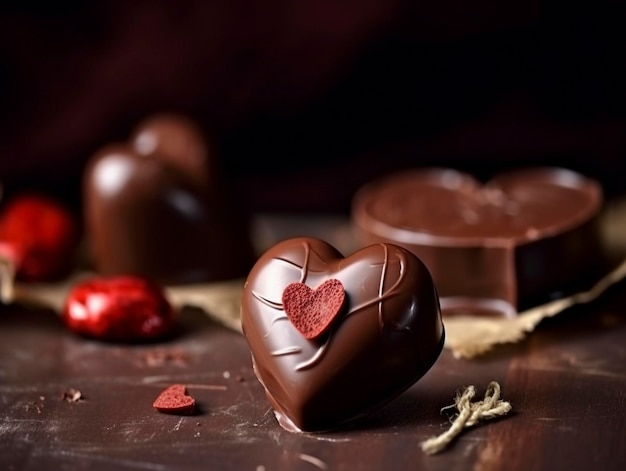 Chocolat en forme de cœur sur un fond en bois foncé pour la Saint-Valentin