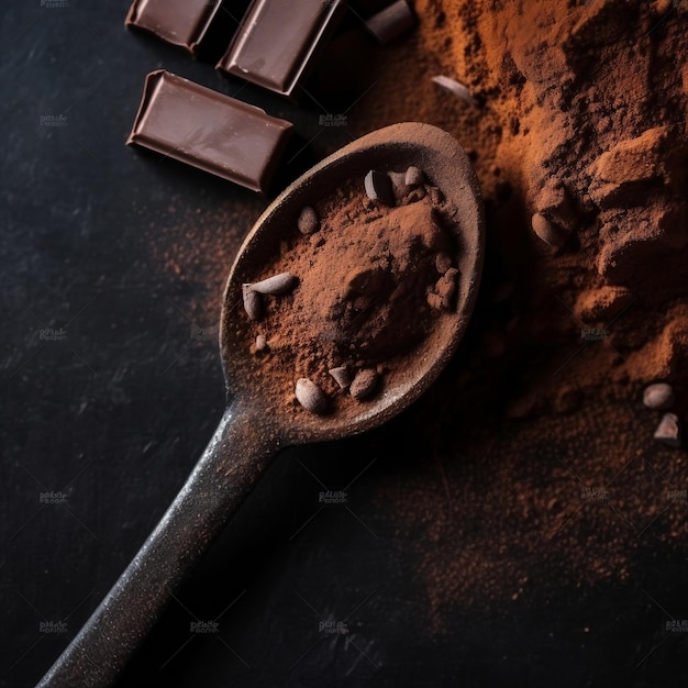Chocolat naturel et poudre de cacao dans une cuillère en bois AI générative