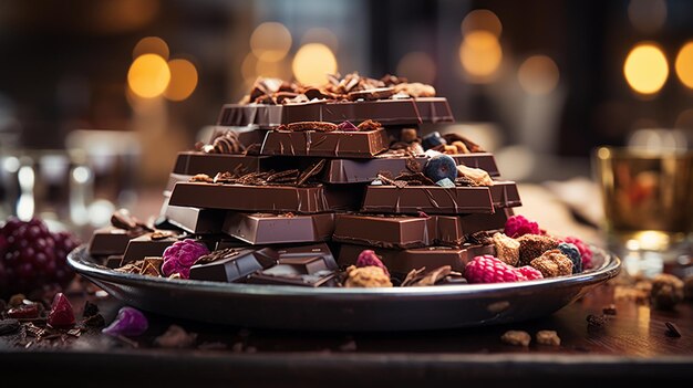 Chocolat de Noël et bonbons sur fond de bois