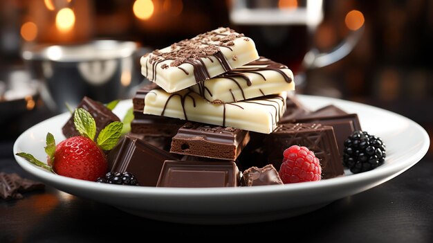 Chocolat noir et blanc sur une assiette blanche