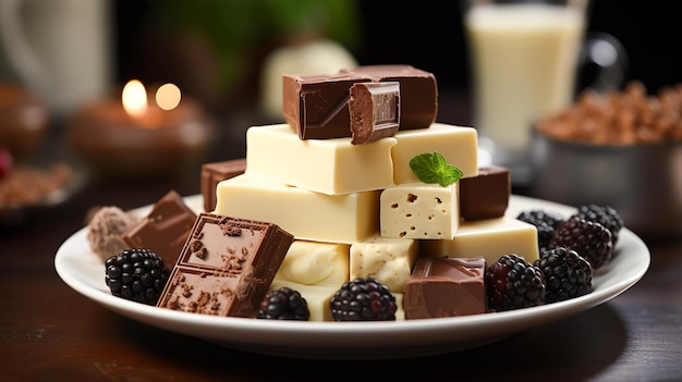 Chocolat noir et blanc sur une assiette blanche