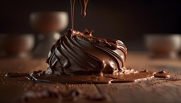 Chocolat noir fondu qui coule, fond de dessert sucré