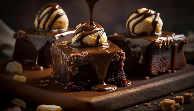 Chocolat noir fondu qui coule, fond de dessert sucré